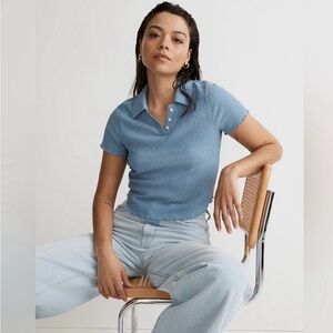 Madewell Tranquil‎ Lake Blue Crinkled Cropped Polo Tee